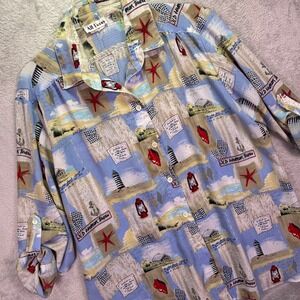 All Hours Women Button Up Shirt L Blue Nautical Lighthouse Coastal Novelty USA